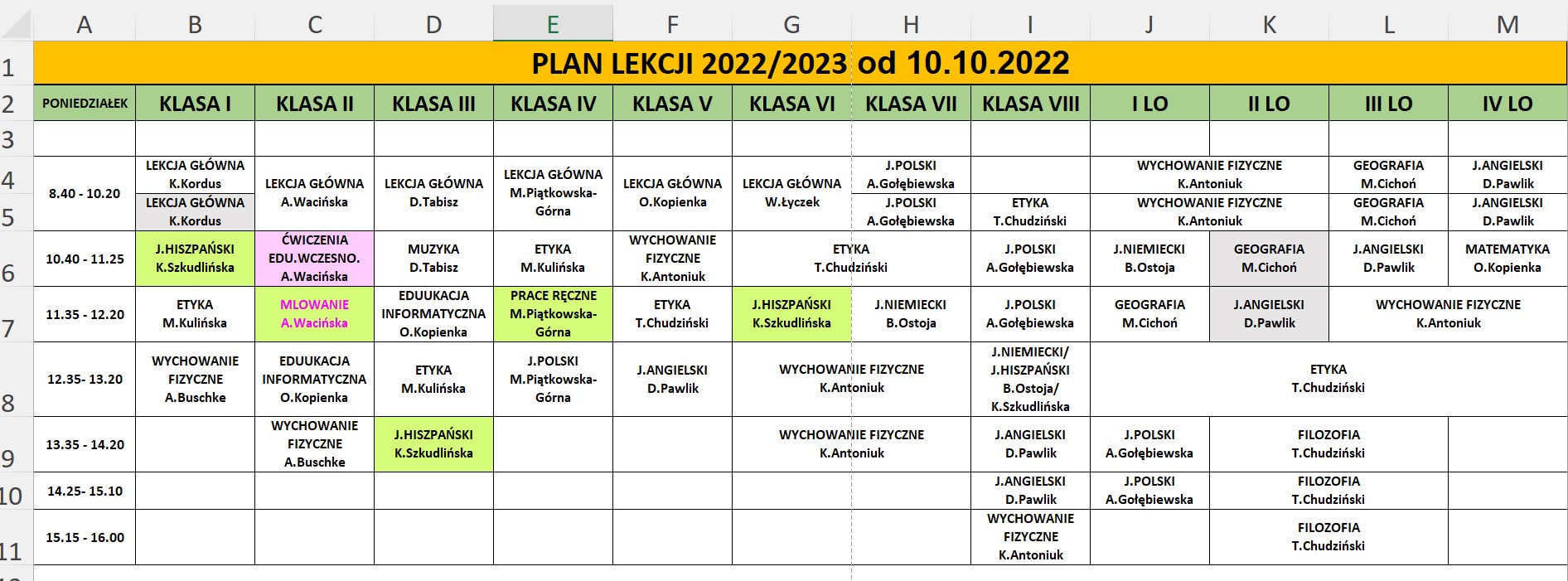 Zrzut ekranu planu lekcji